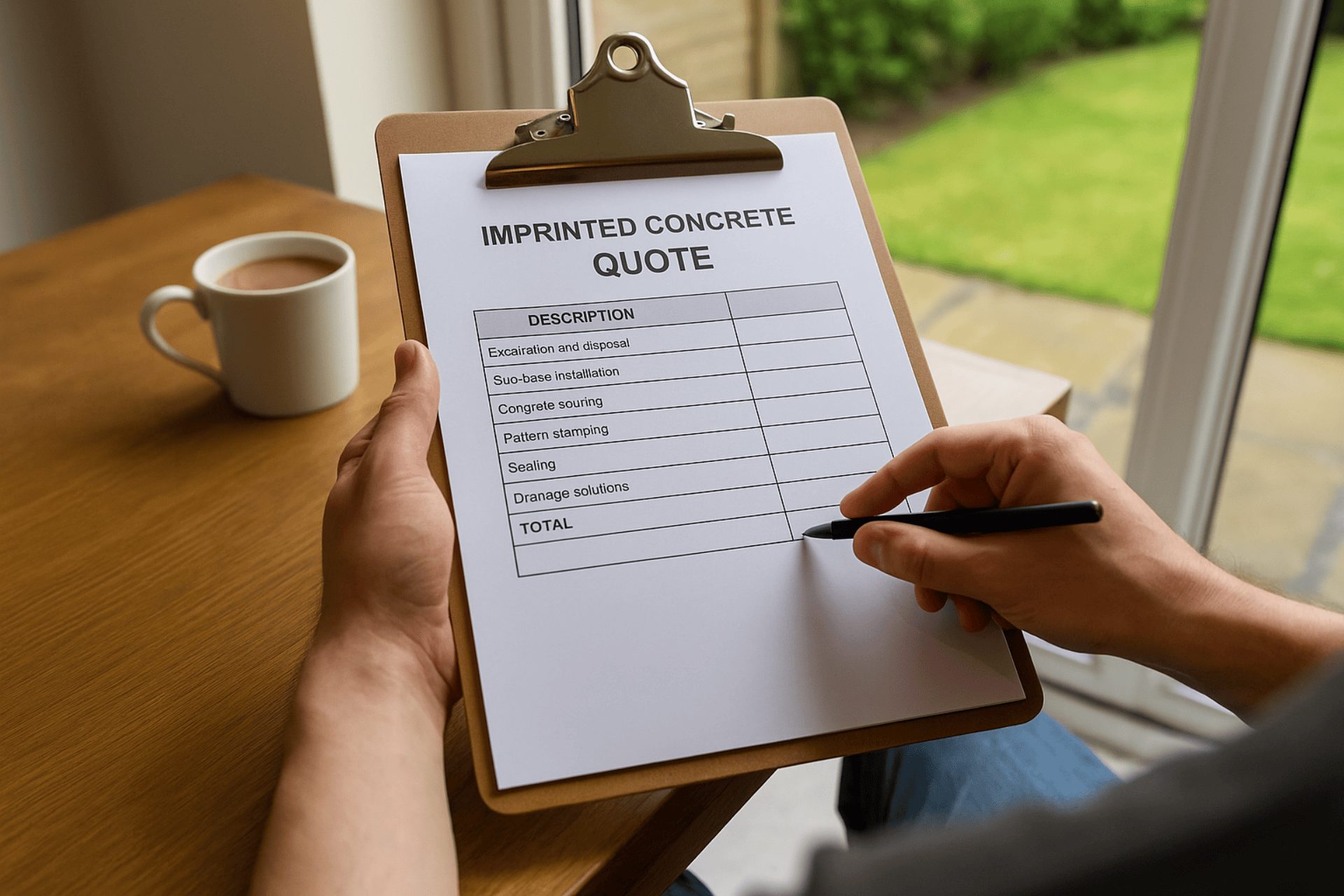 A homeowner in Huddersfield reviewing an imprinted concrete quote on a clipboard at a wooden table, with a garden view and tea nearby