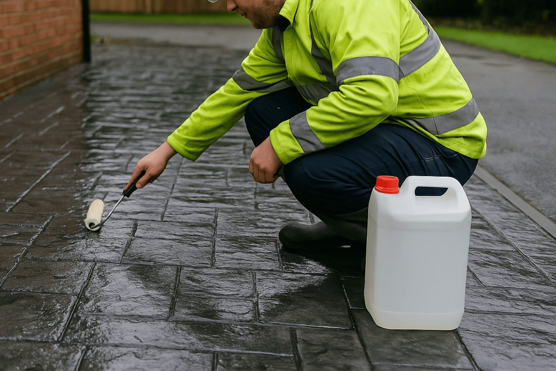 A installer applying anti-slip coating to a wet imprinted concrete driveway beside a red brick house