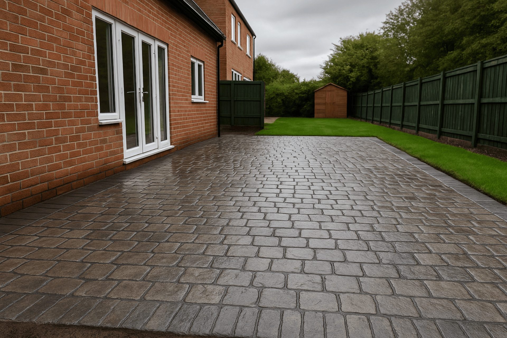 Cobblestone effect imprinted concrete patio beside a red brick Huddersfield home with green fencing and a wooden shed