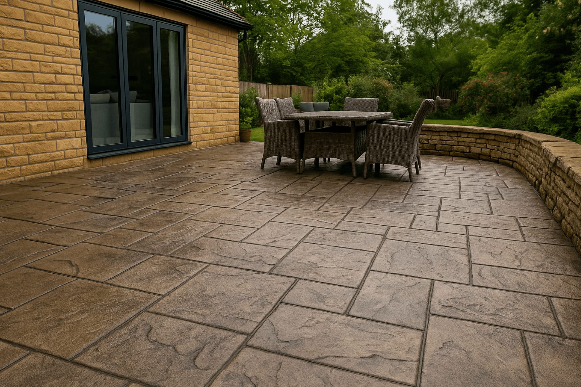Patio stamped concrete in a Huddersfield back garden, designed to mimic natural stone with outdoor dining furniture on top
